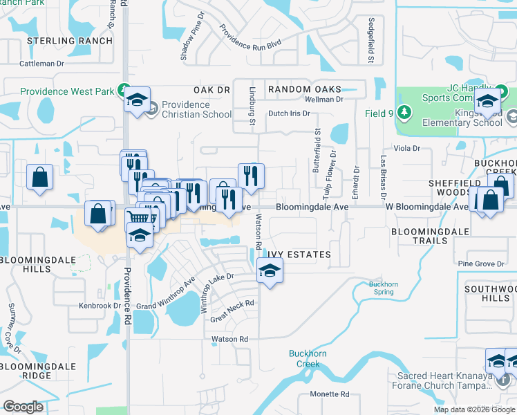 map of restaurants, bars, coffee shops, grocery stores, and more near Bloomingdale Avenue & Watson Road in Brandon