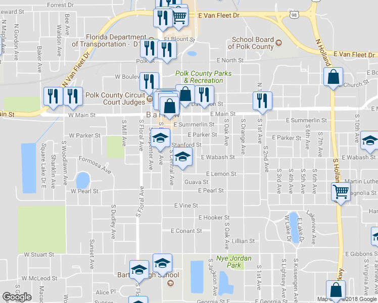 map of restaurants, bars, coffee shops, grocery stores, and more near 590 South Wilson Avenue in Bartow