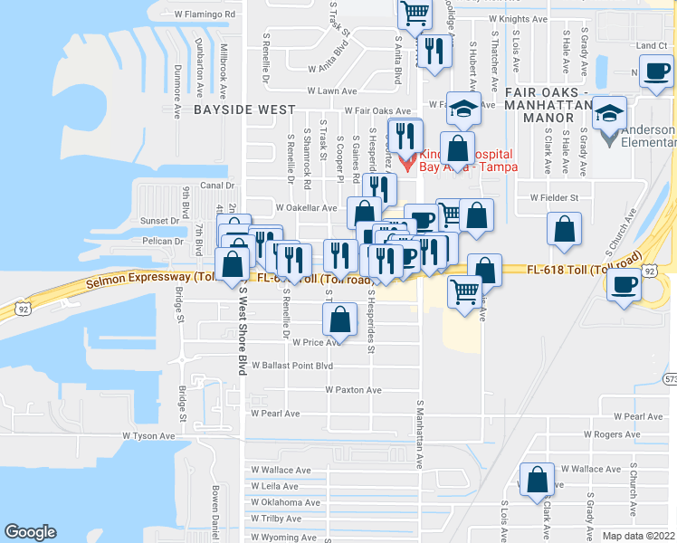 map of restaurants, bars, coffee shops, grocery stores, and more near 4545 West Gandy Boulevard in Tampa
