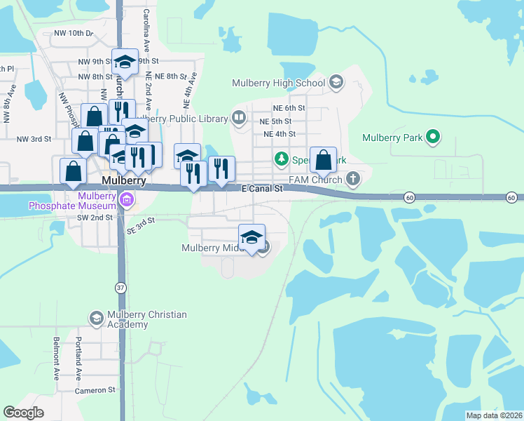 map of restaurants, bars, coffee shops, grocery stores, and more near 300 Southeast Drive Martin Luther King Junior Avenue in Mulberry