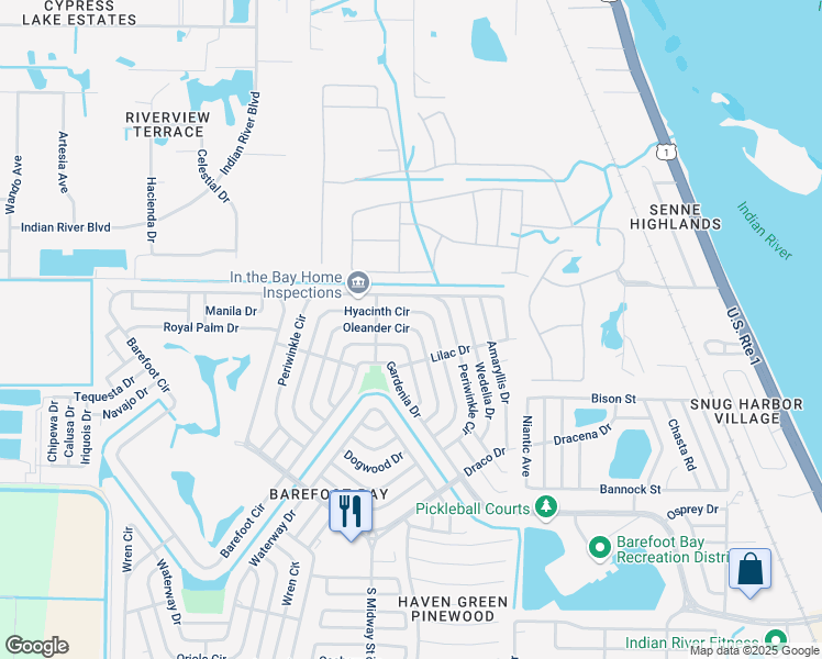 map of restaurants, bars, coffee shops, grocery stores, and more near 722 Oleander Circle in Micco