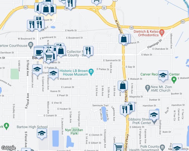 map of restaurants, bars, coffee shops, grocery stores, and more near 457 South 3rd Avenue in Bartow