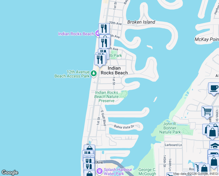map of restaurants, bars, coffee shops, grocery stores, and more near 111 11th Avenue in Indian Rocks Beach