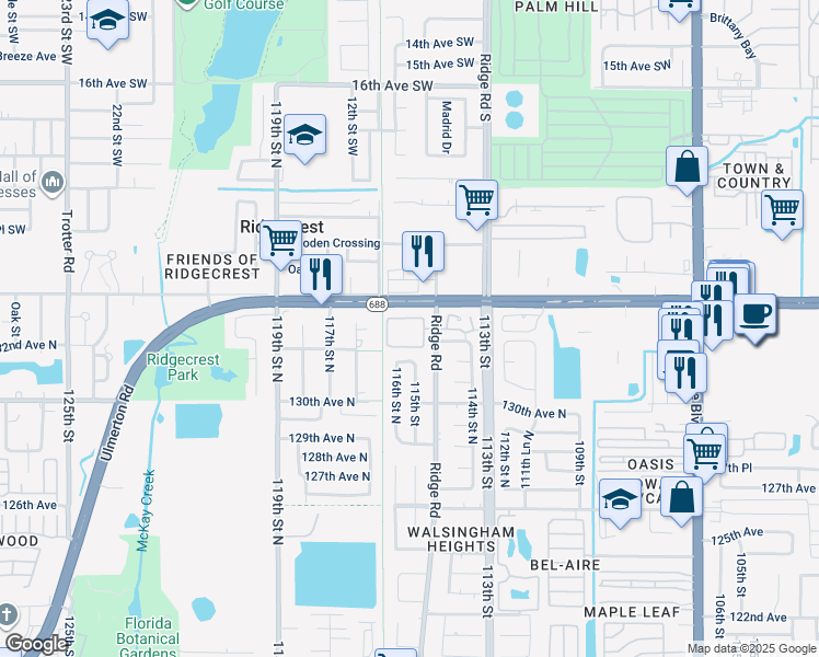 map of restaurants, bars, coffee shops, grocery stores, and more near 520 Ulmerton Road in Largo