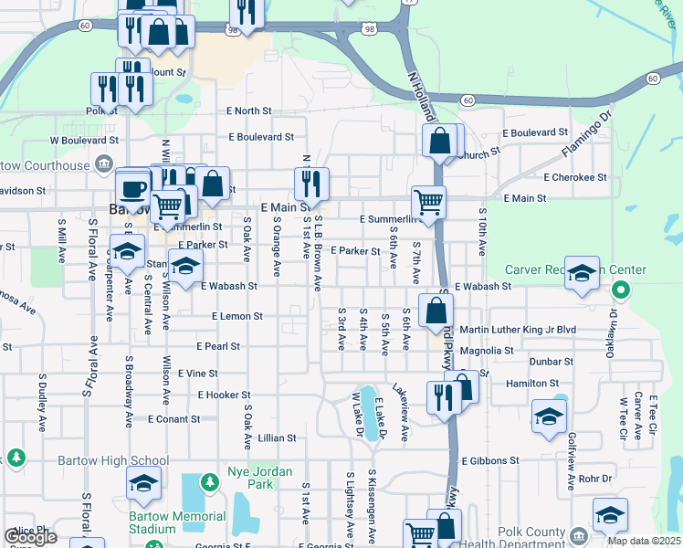 map of restaurants, bars, coffee shops, grocery stores, and more near 435 South 3rd Avenue in Bartow