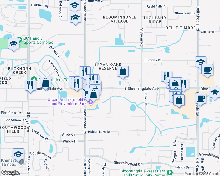 map of restaurants, bars, coffee shops, grocery stores, and more near 3248 Bloomingdale Villas Court in Brandon