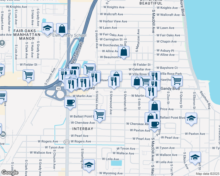 map of restaurants, bars, coffee shops, grocery stores, and more near 3333 West Gandy Boulevard in Tampa