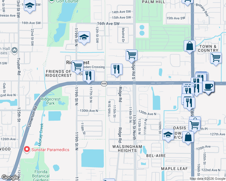 map of restaurants, bars, coffee shops, grocery stores, and more near 520 Ulmerton Road in Largo