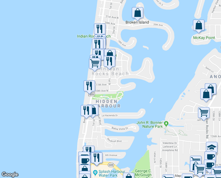map of restaurants, bars, coffee shops, grocery stores, and more near 200 10th Avenue North in Indian Rocks Beach