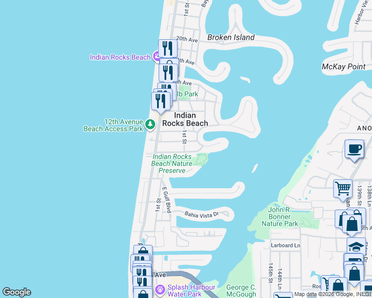 map of restaurants, bars, coffee shops, grocery stores, and more near 1008 1st Street in Indian Rocks Beach