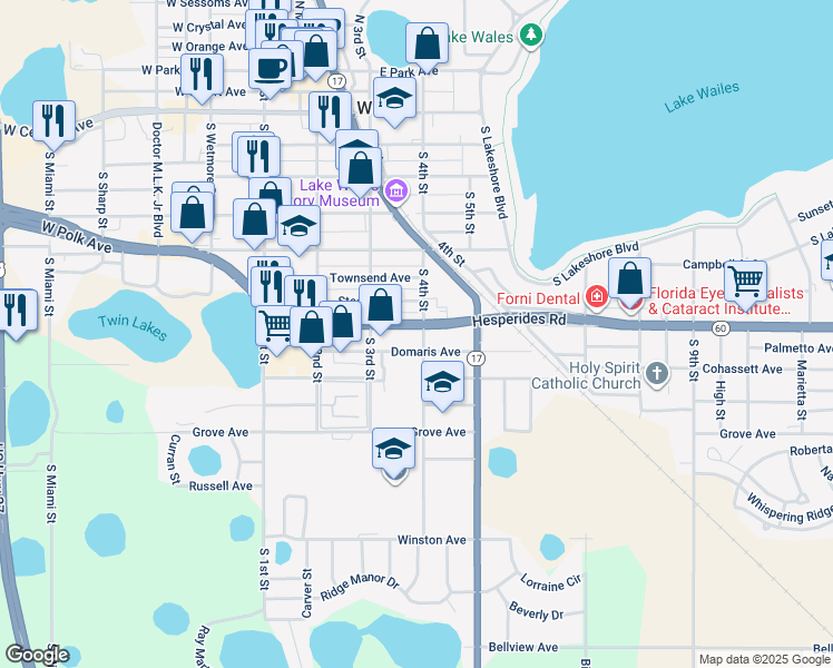 map of restaurants, bars, coffee shops, grocery stores, and more near 328 Hesperides Road in Lake Wales