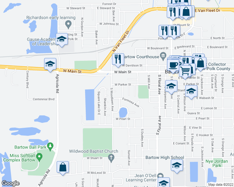 map of restaurants, bars, coffee shops, grocery stores, and more near 745 Marion Place in Bartow