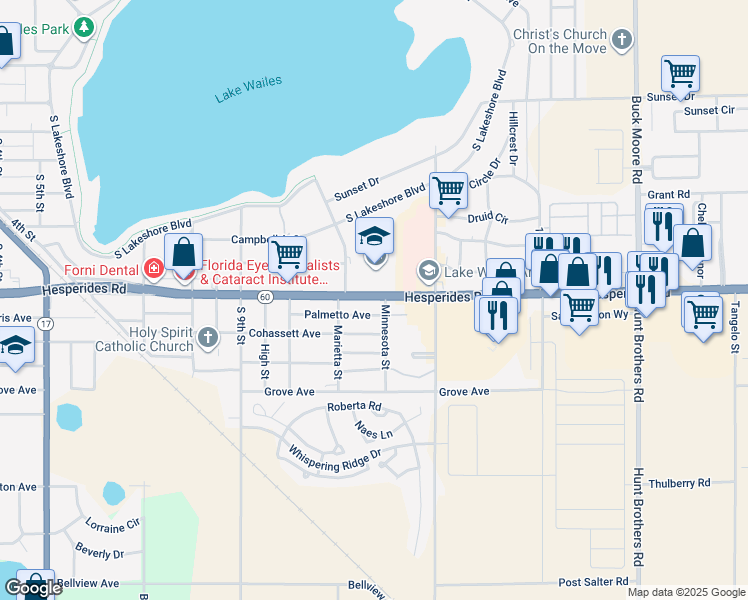 map of restaurants, bars, coffee shops, grocery stores, and more near 1064 Hesperides Road in Lake Wales