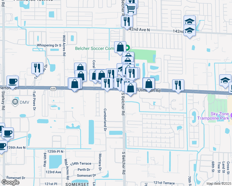 map of restaurants, bars, coffee shops, grocery stores, and more near 7878-7888 Ulmerton Road in Largo