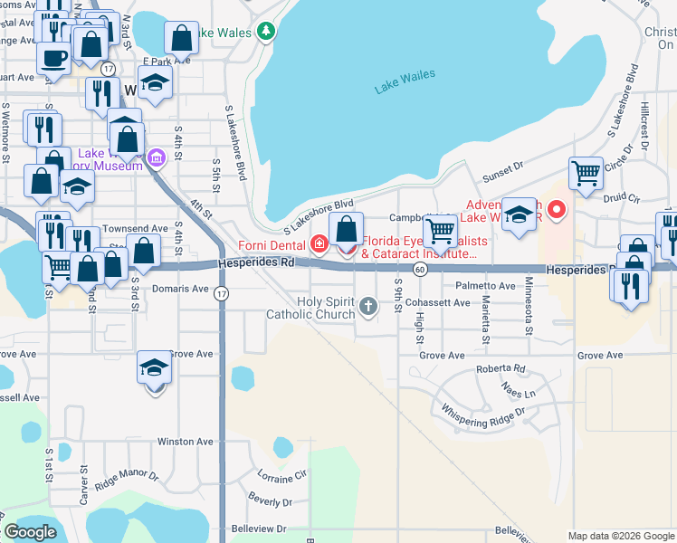 map of restaurants, bars, coffee shops, grocery stores, and more near 732 Hesperides Road in Lake Wales