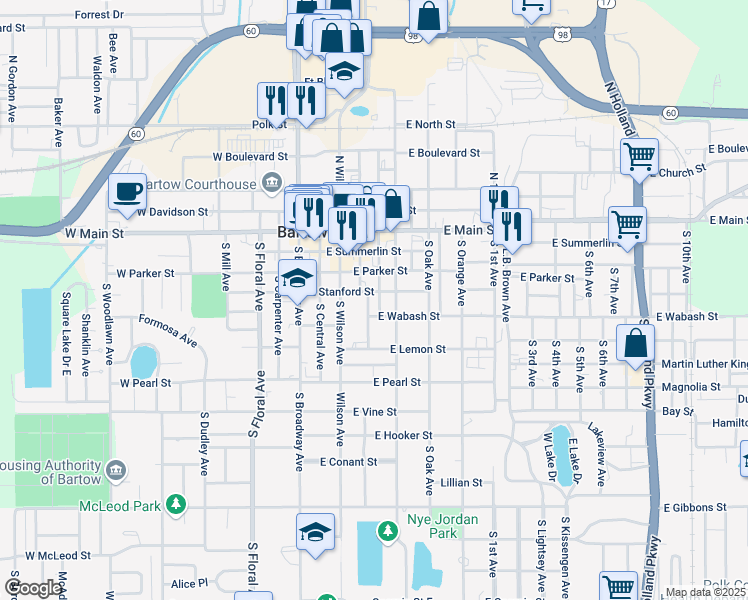 map of restaurants, bars, coffee shops, grocery stores, and more near 485 E Stanford St in Bartow