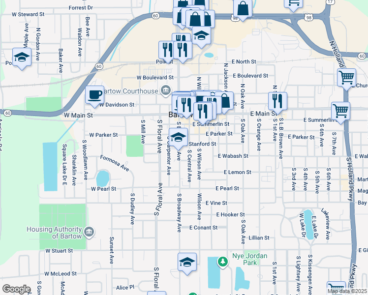map of restaurants, bars, coffee shops, grocery stores, and more near 410 South Broadway Avenue in Bartow