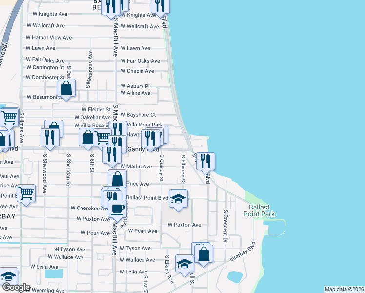 map of restaurants, bars, coffee shops, grocery stores, and more near 4807 Bayshore Boulevard in Tampa