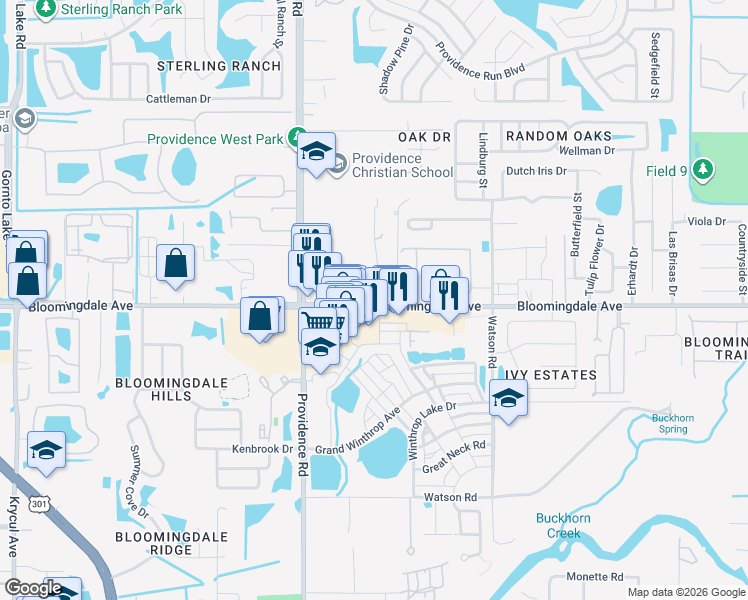 map of restaurants, bars, coffee shops, grocery stores, and more near 11216 Bloomingdale Avenue in Riverview