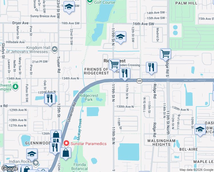 map of restaurants, bars, coffee shops, grocery stores, and more near 11938 133rd Avenue in Largo