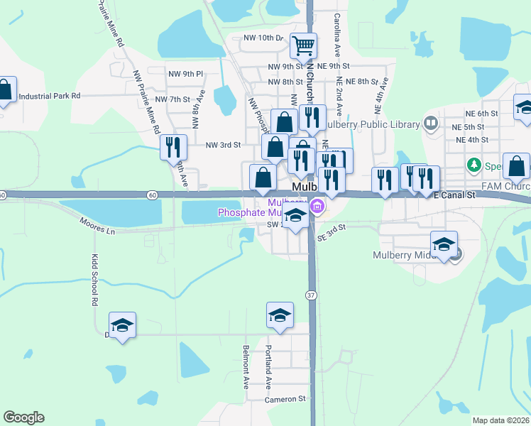 map of restaurants, bars, coffee shops, grocery stores, and more near 402 1st Avenue Northwest in Mulberry