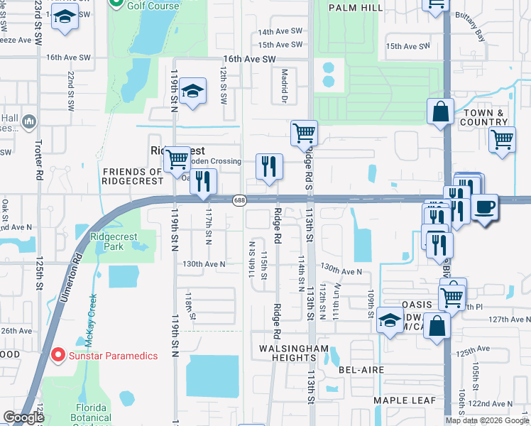 map of restaurants, bars, coffee shops, grocery stores, and more near 13250 Ridge Road in Largo