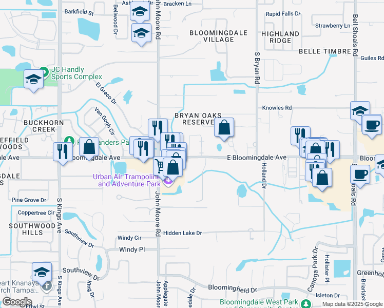 map of restaurants, bars, coffee shops, grocery stores, and more near 3248 Bloomingdale Villas Court in Brandon