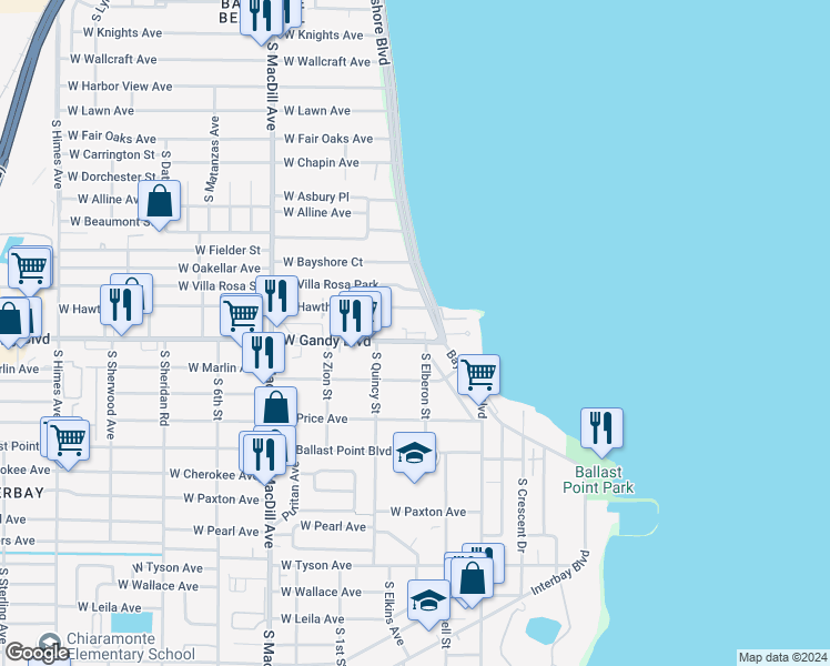 map of restaurants, bars, coffee shops, grocery stores, and more near in Tampa
