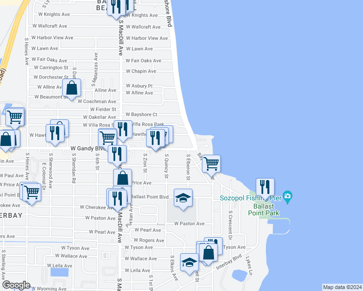 map of restaurants, bars, coffee shops, grocery stores, and more near in Tampa