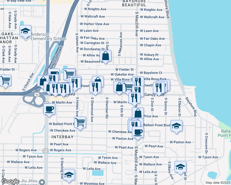 map of restaurants, bars, coffee shops, grocery stores, and more near 4809 South Mound Avenue in Tampa