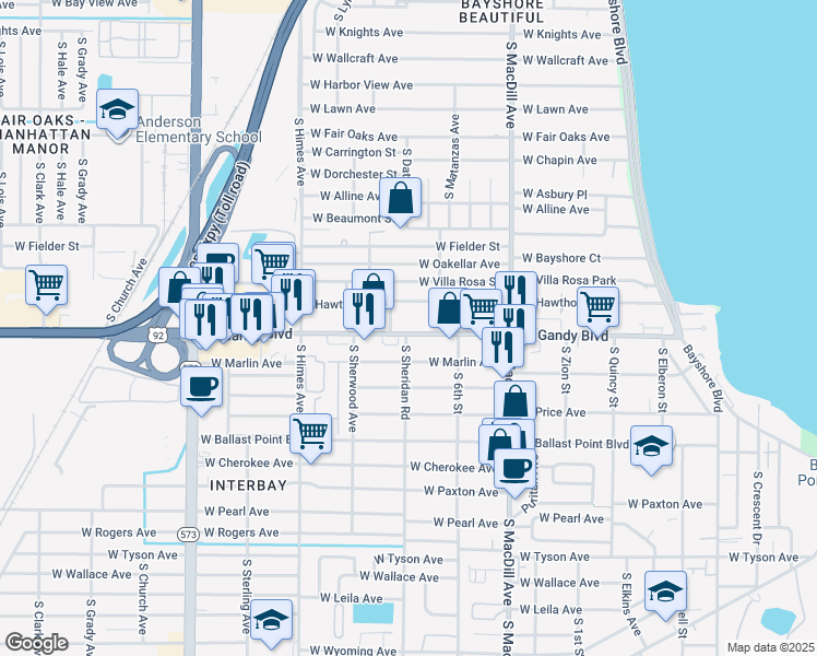 map of restaurants, bars, coffee shops, grocery stores, and more near 3301 West Gandy Boulevard in Tampa