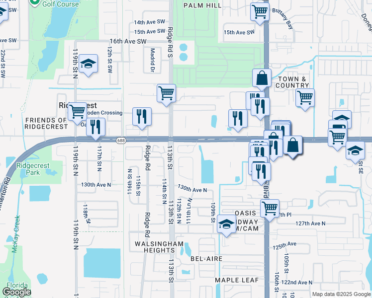 map of restaurants, bars, coffee shops, grocery stores, and more near 2703 Ridge Road in Largo