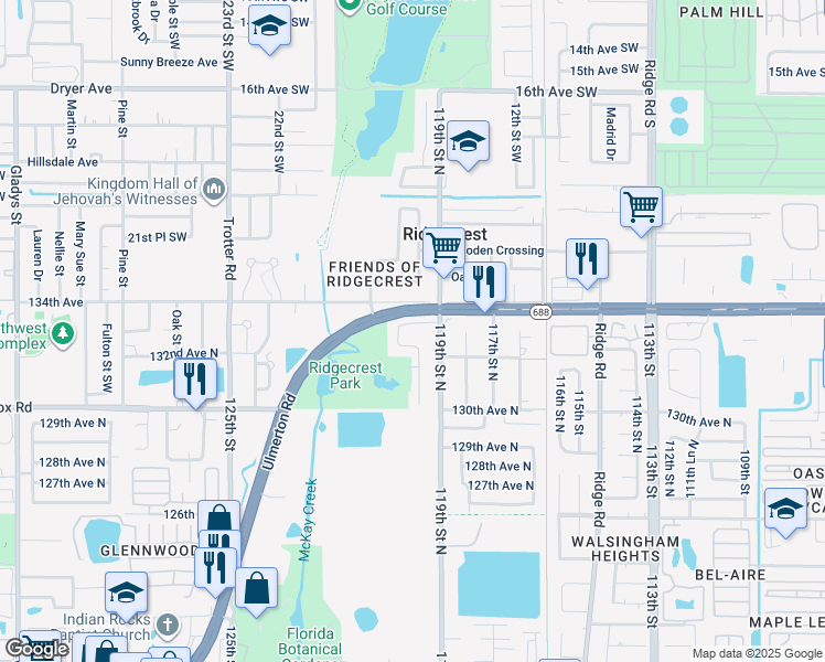 map of restaurants, bars, coffee shops, grocery stores, and more near 11938 133rd Avenue in Largo
