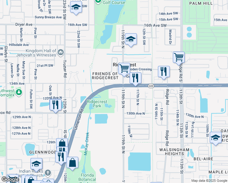 map of restaurants, bars, coffee shops, grocery stores, and more near 11938 133rd Avenue in Largo