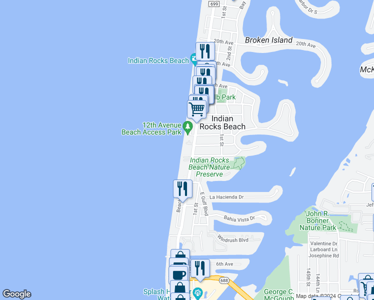 map of restaurants, bars, coffee shops, grocery stores, and more near in Indian Rocks Beach