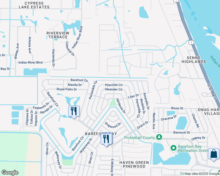 map of restaurants, bars, coffee shops, grocery stores, and more near 804 Oleander Circle in Micco