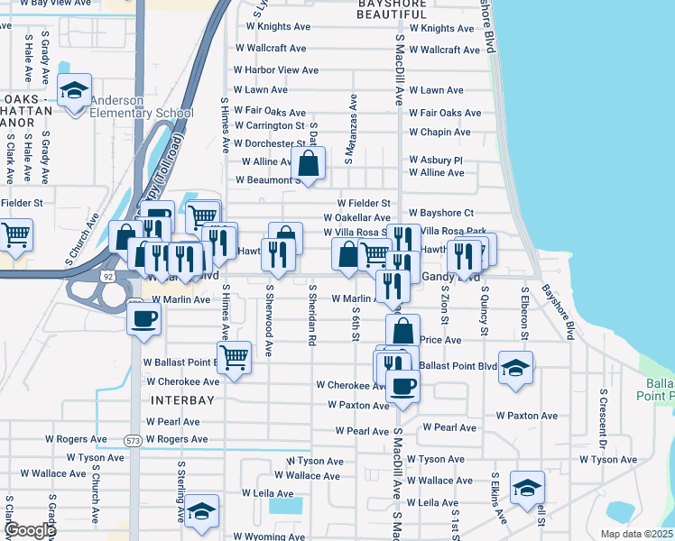 map of restaurants, bars, coffee shops, grocery stores, and more near 4809 South Mound Avenue in Tampa