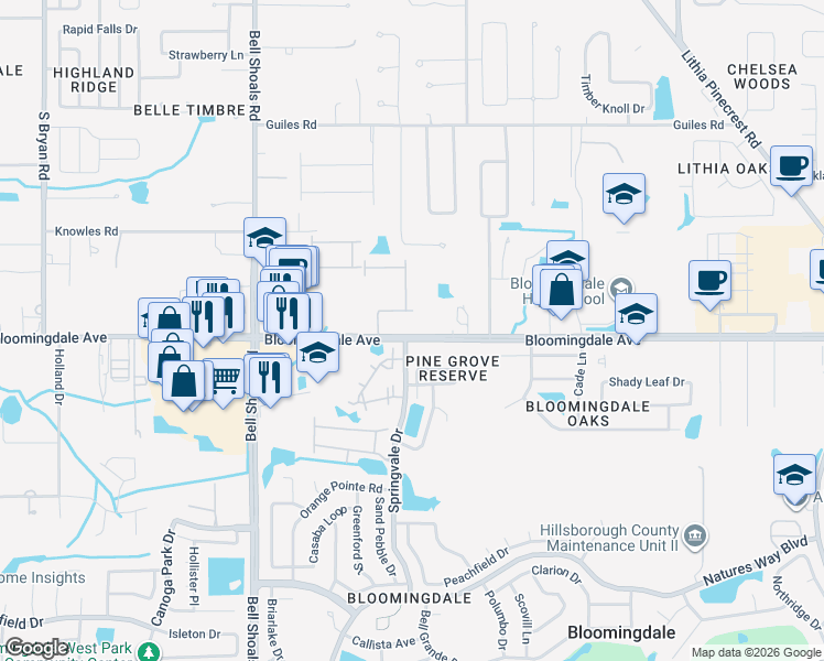 map of restaurants, bars, coffee shops, grocery stores, and more near 1232 Bloomingdale Avenue in Valrico