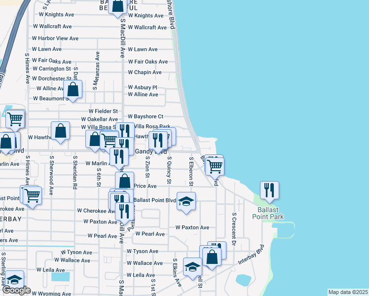 map of restaurants, bars, coffee shops, grocery stores, and more near in Tampa
