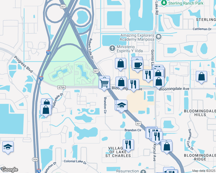 map of restaurants, bars, coffee shops, grocery stores, and more near U.S. 301 N & Bloomingdale Ave in Riverview