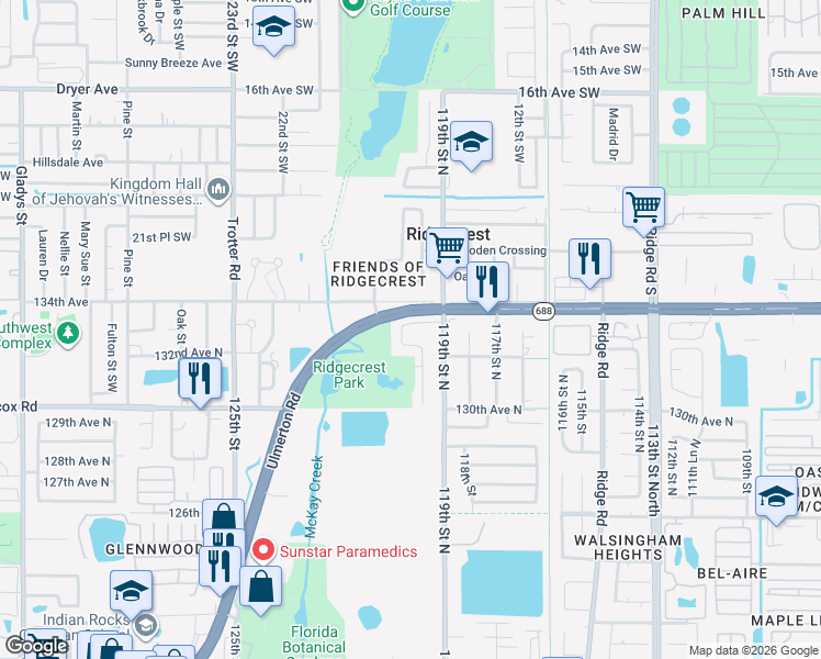 map of restaurants, bars, coffee shops, grocery stores, and more near 11938 133rd Avenue in Largo
