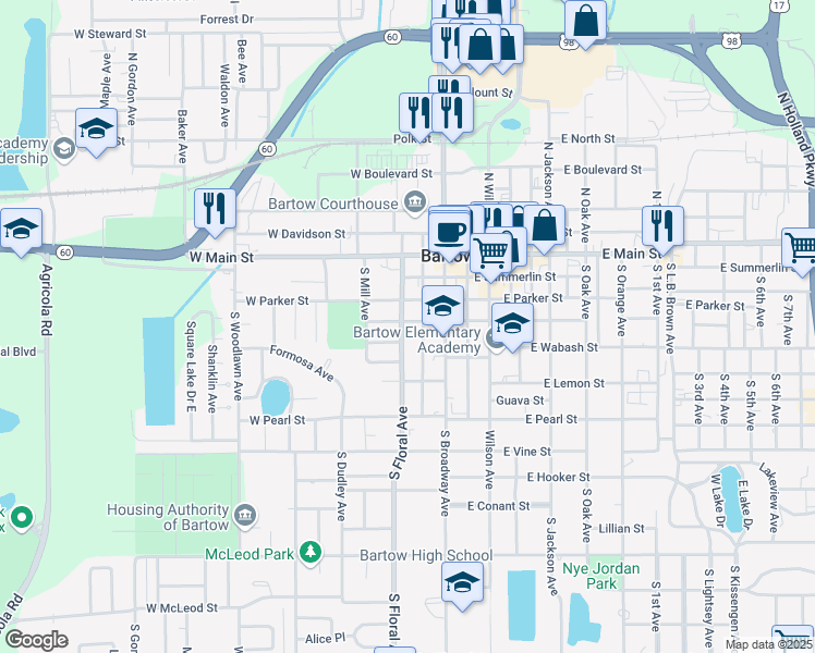 map of restaurants, bars, coffee shops, grocery stores, and more near 410 South Floral Avenue in Bartow