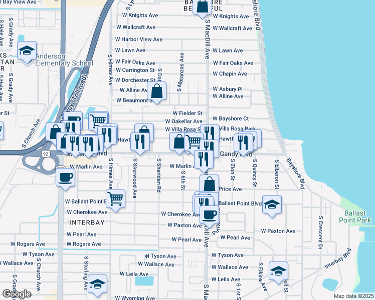 map of restaurants, bars, coffee shops, grocery stores, and more near 3117 West Gandy Boulevard in Tampa