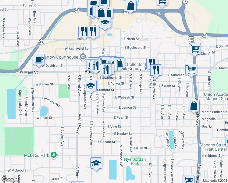 map of restaurants, bars, coffee shops, grocery stores, and more near 485 East Stanford Street in Bartow