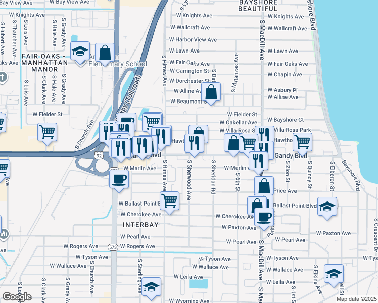 map of restaurants, bars, coffee shops, grocery stores, and more near 3333 West Gandy Boulevard in Tampa