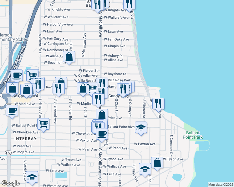 map of restaurants, bars, coffee shops, grocery stores, and more near 2913 West Gandy Boulevard in Tampa