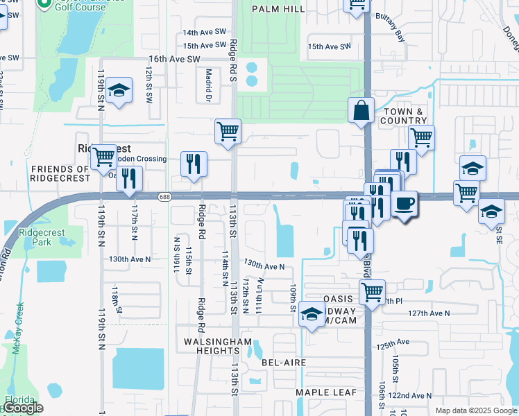 map of restaurants, bars, coffee shops, grocery stores, and more near 2703 Ridge Road in Largo