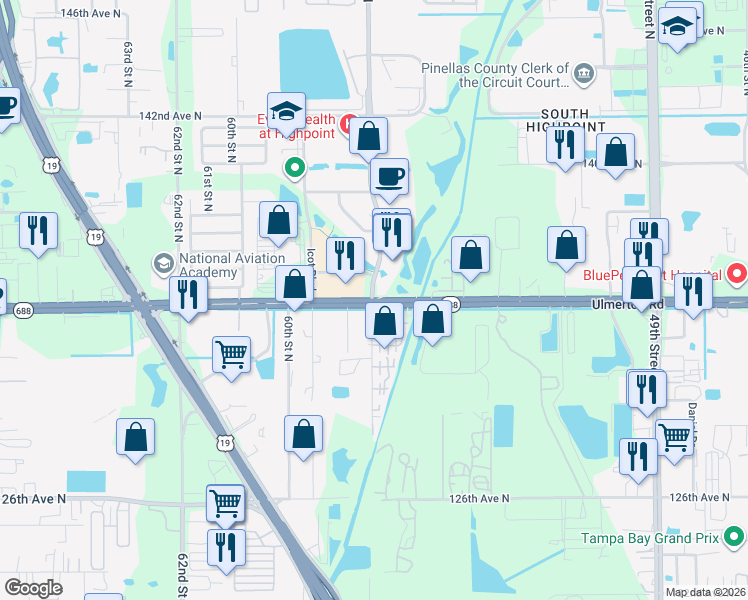 map of restaurants, bars, coffee shops, grocery stores, and more near Ulmerton Rd & 58th St N in Clearwater