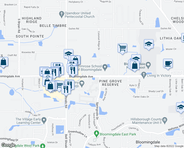 map of restaurants, bars, coffee shops, grocery stores, and more near 1202 Bloomingdale Avenue in Valrico