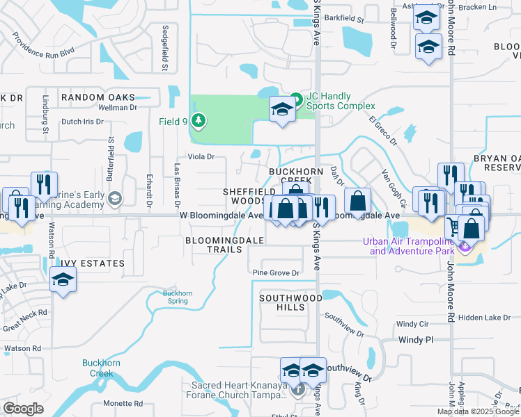 map of restaurants, bars, coffee shops, grocery stores, and more near 3349 Creekridge Road in Brandon